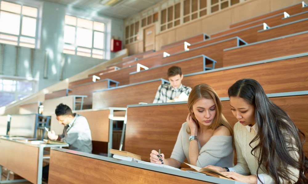 Multi-ethnic  group of students sitting at separate tables in lecture hall of modern college, focus on two beautiful girls discussing homework, copy space